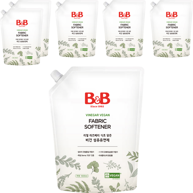 비앤비 유아 무향 비건 섬유유연제 리필형, 1.5L, 6개