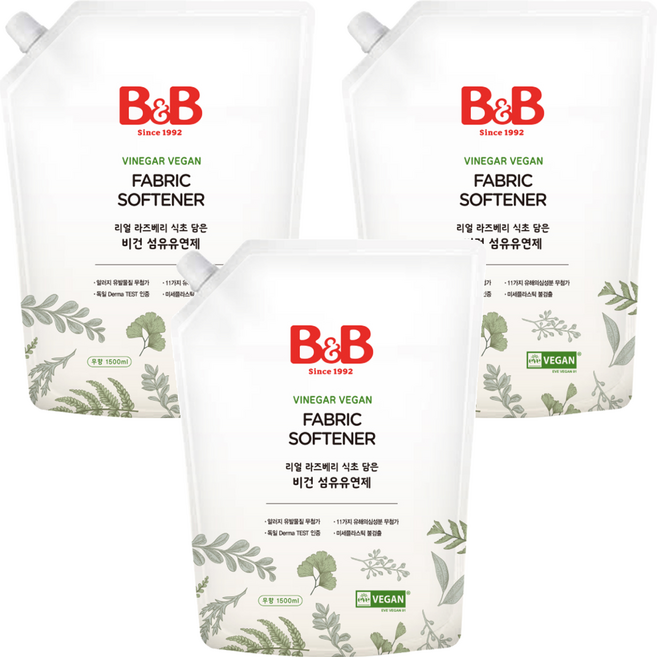 비앤비 유아 무향 비건 섬유유연제 리필형, 1.5L, 3개