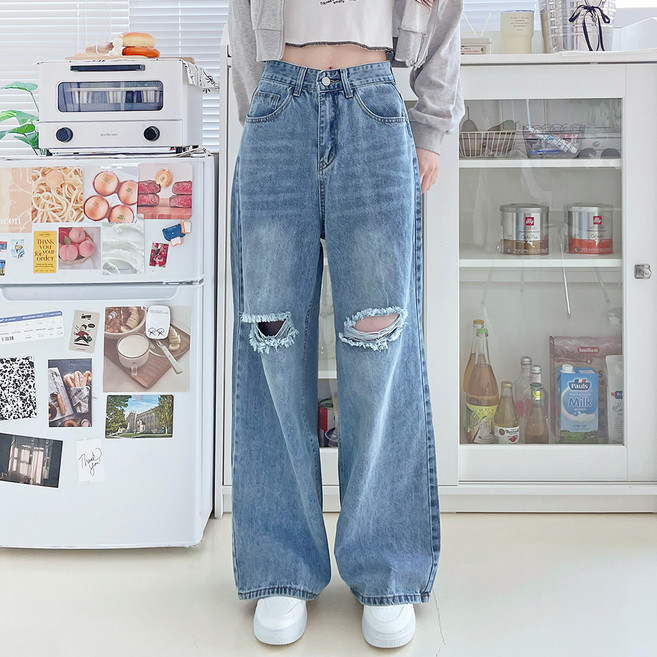 잘빠진 여성용 크러쉬 코튼 찢청 세미와이드 일자 팬츠