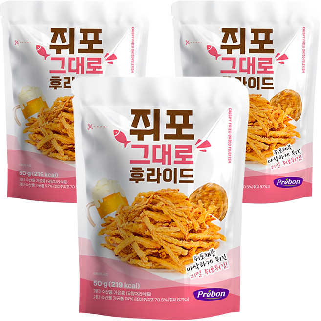 프리본 쥐포 그대로 후라이드, 3개, 50g
