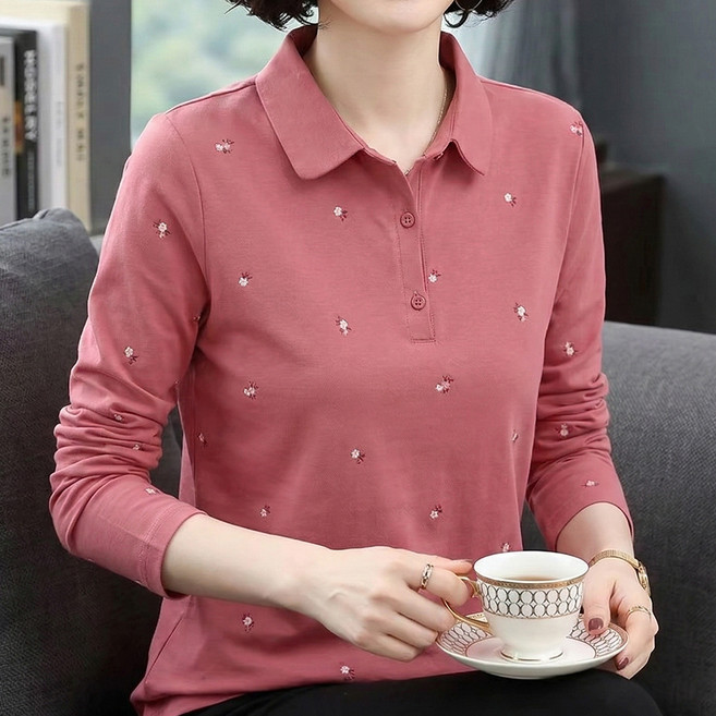 MA 여성용 카라 플라워 포인트 긴팔 티셔츠