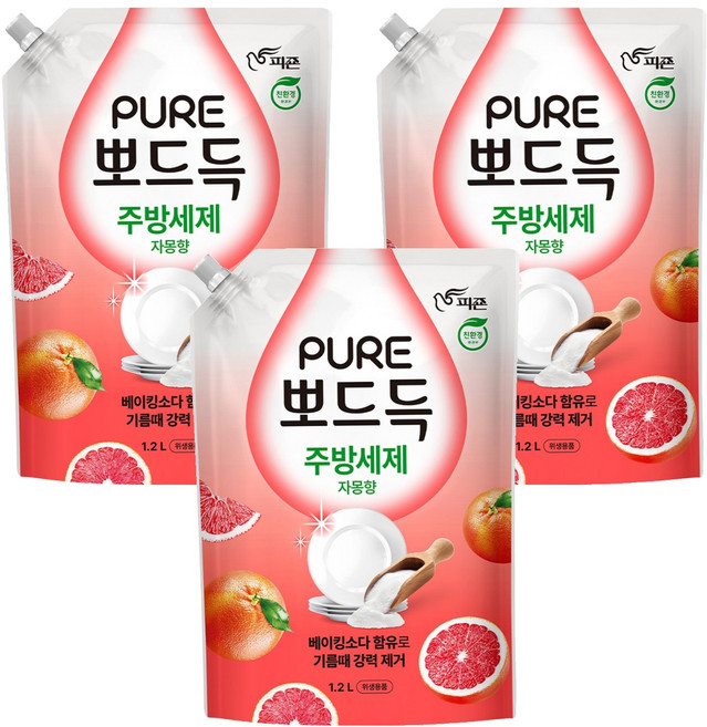 피죤퓨어 뽀드득 주방세제 자몽향, 3개, 1.2L