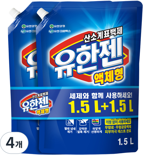 유한젠 액체형 표백제 리필, 1.5L, 4개