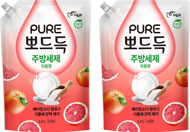 피죤퓨어 뽀드득 주방세제 자몽향, 2개, 1.2L