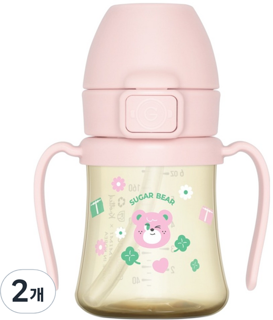 그로미미 노티드 PPSU 유아용 1단계 빨대컵, 200ml, 2개, 스트로베리