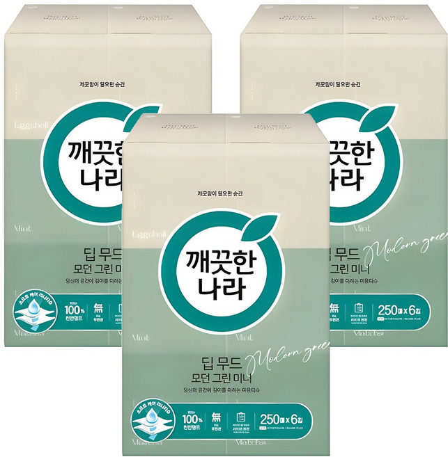 깨끗한나라 딥 무드 모던 그린 천연펄프 미니 미용티슈 2겹, 250매, 18개
