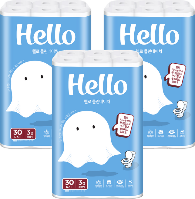 헬로 클린네이처 천연펄프 3겹 롤화장지, 30m, 30개입, 3개