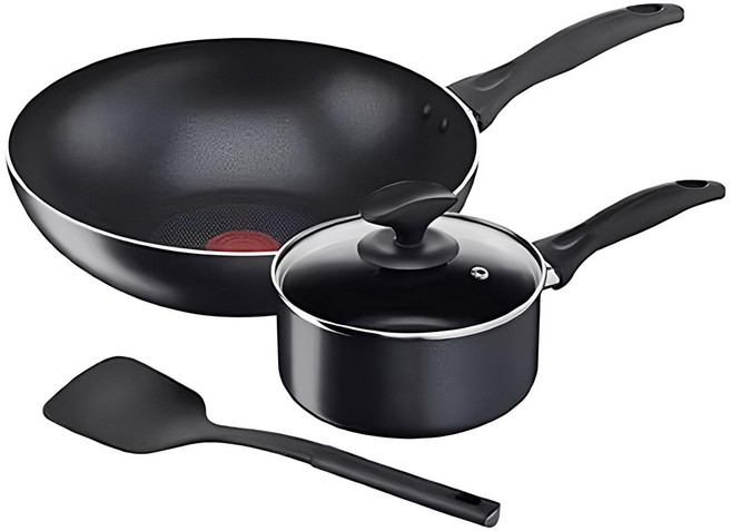 Tefal 特福 爵士不沾鍋4件組 新, 小炒鍋28cm + 單柄湯鍋16cm + 鍋鏟 + 耐熱玻璃蓋, 黑色, 1組
