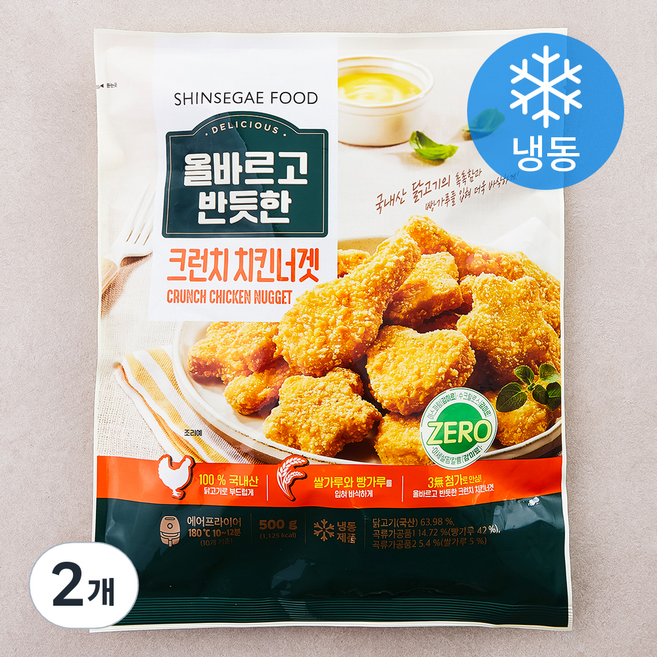 신세계푸드 올바르고 반듯한 크런치 치킨너겟 (냉동), 500g, 2개