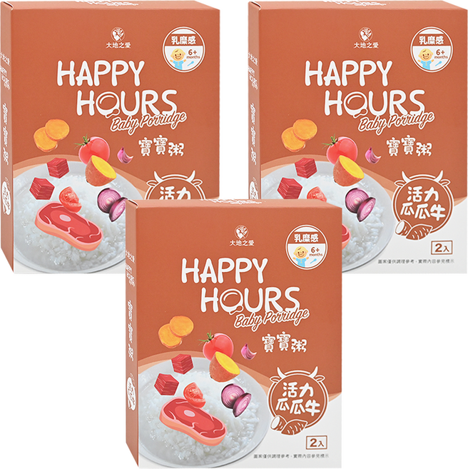 HAPPY HOURS 寶寶粥 6個月以上 2包, 活力瓜瓜牛, 300g, 3盒
