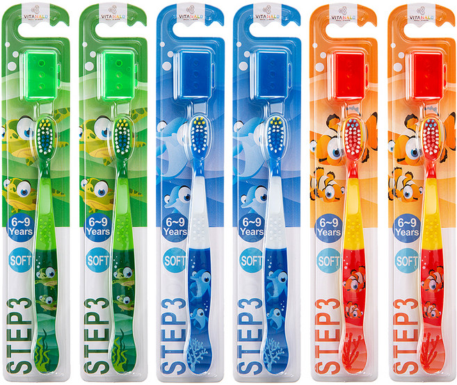 비타할로 스텝 3단계 어린이칫솔 + 캡 6개입, 혼합색상, 1개