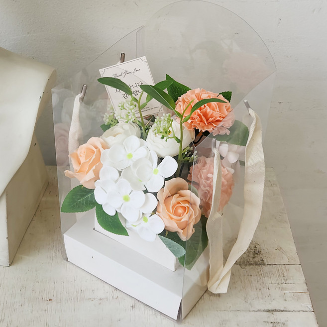 아스파시아 비누꽃 세르틴 카네이션 핸드 캐리어 플라워 박스 + 메시지 카드 + LED 전구 + 용돈 봉투 세트, 피치(플라워박스), 1세트