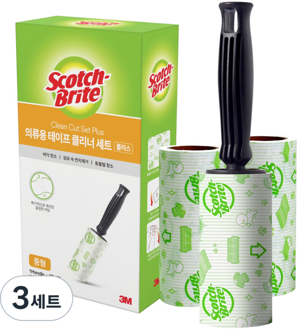 스카치브라이트 의류용 테이프 클리너 세트 플러스 핸들 + 리필 3개, 3세트