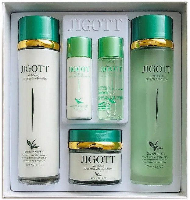 JIGOTT 綠茶保濕護膚禮盒五件組 化妝水 150ml + 30ml + 乳液 150ml + 30ml + 面霜50ml, 1組