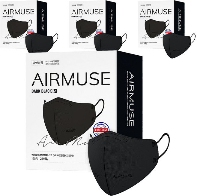 에어뮤즈 보건용 마스크 중형 KF94, 25개입, 4개, 블랙
