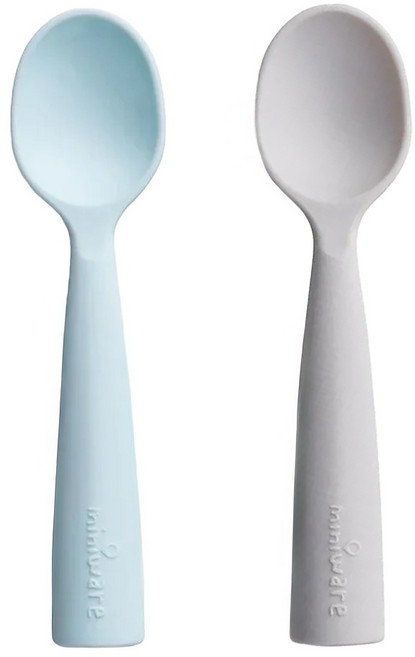 Miniware 矽膠兒童湯匙組 食品級矽膠製成 寶寶學習湯匙 2入, 芝麻+海藍, 1組