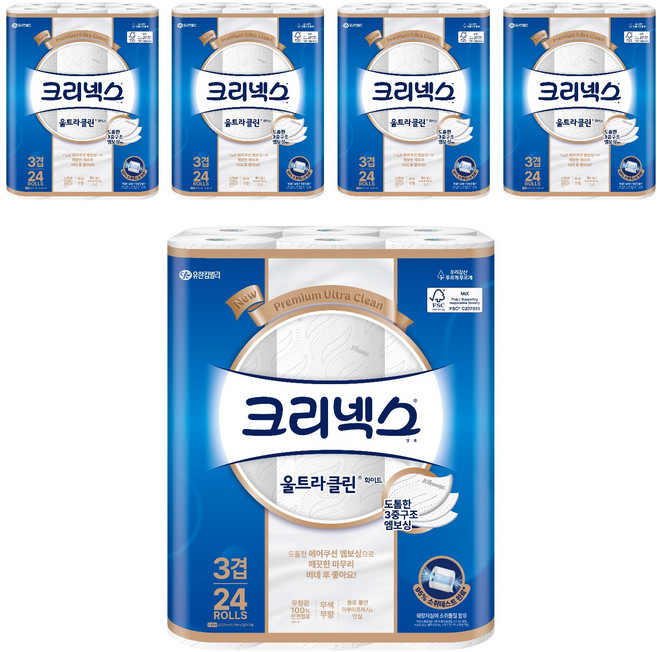 크리넥스 울트라클린 화이트, 25m, 24개입, 5개