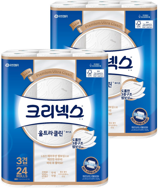 크리넥스 울트라클린 화이트, 25m, 24개입, 2개