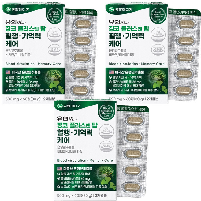 유한메디카 징코 플러스 엔 탑 혈행 기억력 케어 30g, 60정, 3개