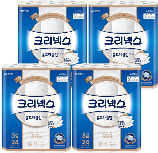 크리넥스 울트라클린 화이트, 25m, 24개입, 4개