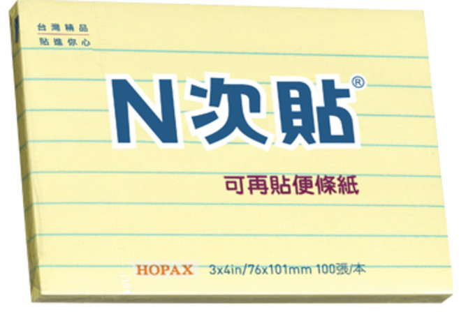 N次貼 橫線型便條本 76*101mm 100張, 黃色, 1本