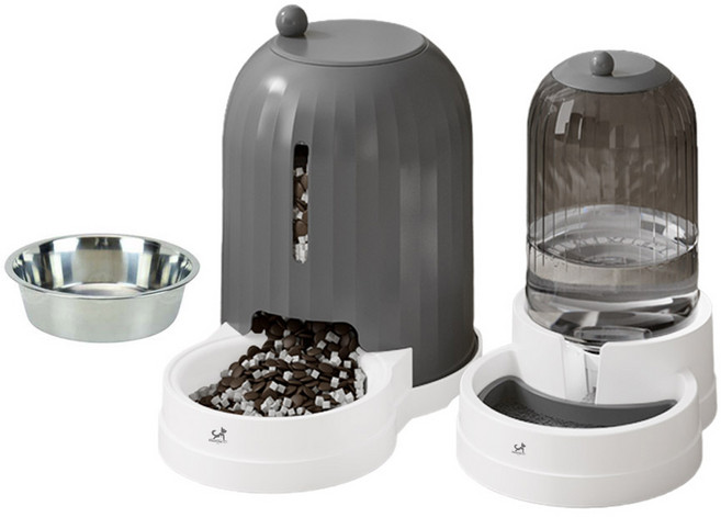 딩동펫 반려동물 반자동 대용량 급식볼 급수식기 세트, 그레이, 1세트