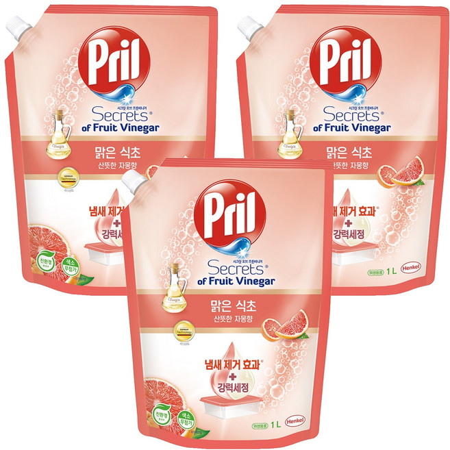 프릴 맑은 식초 산뜻한 자몽향 주방세제, 1L, 3개
