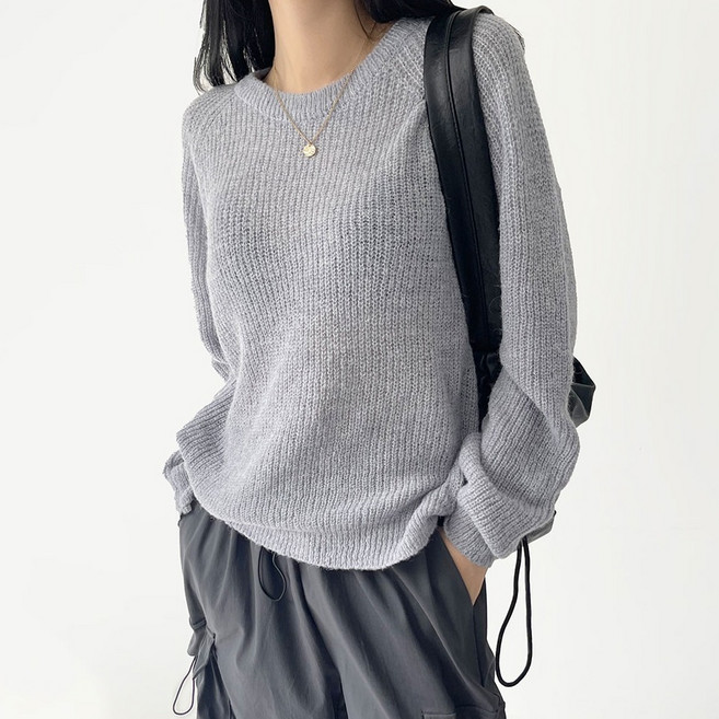 플랜데이 여성용 무지 베이직 라운드넥 루즈핏 니트티