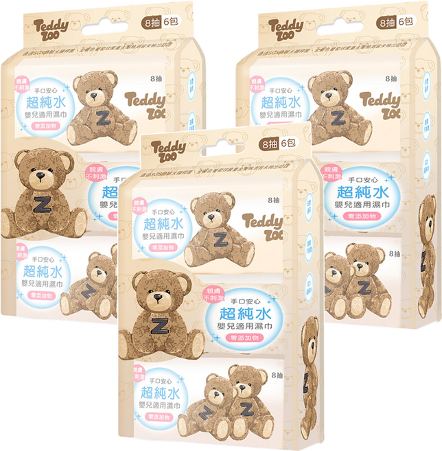 ONEDER 旺達棉品 TEDDYZOO超純水嬰兒迷你濕巾, 45g, 8抽, 18包