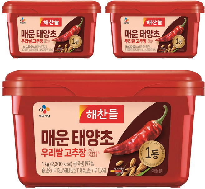 해찬들 매운 태양초 우리쌀 고추장, 1kg, 3개
