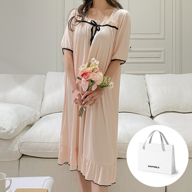 어나더디 여성용 냉감 리본 셔링 반팔 원피스 잠옷
