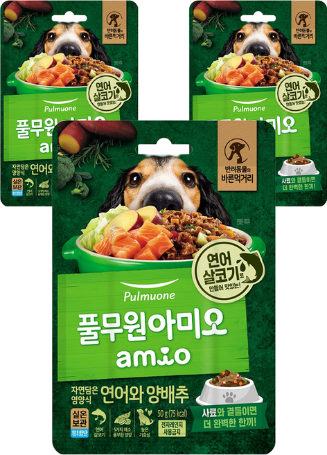 풀무원아미오 전연령 강아지 자연담은 영양식 습식사료, 연어+양배추, 50g, 3개