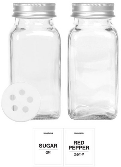유리 양념통 사각 전용캡 180g, 1세트, 유리양념통 2p + 투명스티커(설탕 + 고춧가루)