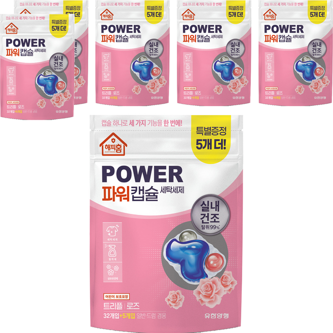 해피홈 파워캡슐 세탁세제 트리플 로즈, 37개입, 6개