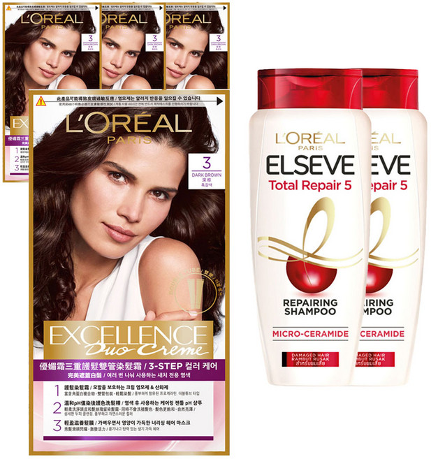 로레알파리 엑셀랑스 듀오크림 염색제 3호 2p + 샴푸 155ml 기획세트, 3호 흑갈색, 2세트