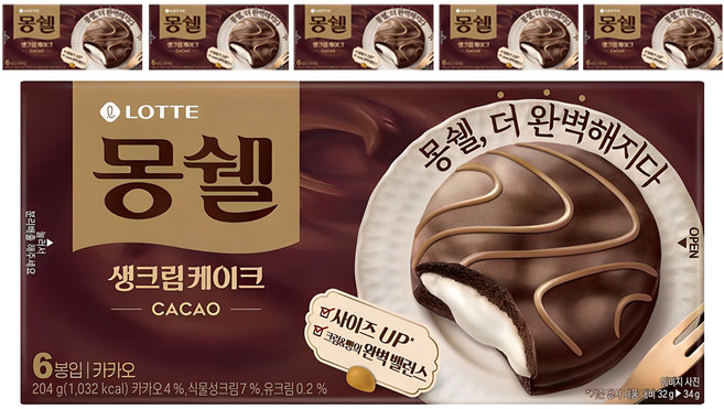 몽쉘 생크림케이크 카카오, 204g, 6개