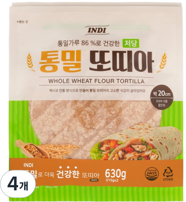 인디 저당 통밀 또띠아 20cm, 315g, 4개