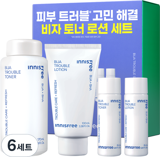 INNISFREE 榧子痘痘護理化妝水 170ml + 25ml + 乳液 100ml + 25ml 套組, 6套