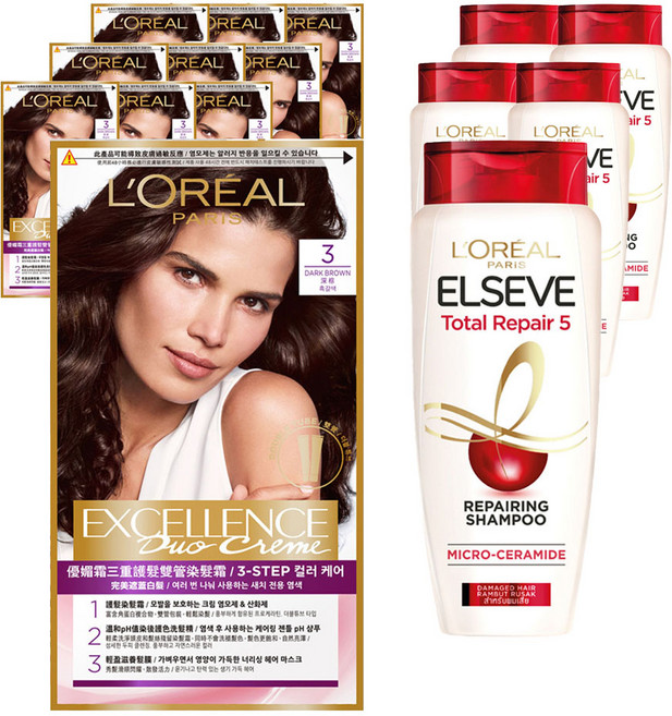 로레알파리 엑셀랑스 듀오크림 염색제 3호 2p + 샴푸 155ml 기획세트, 3호 흑갈색, 5세트