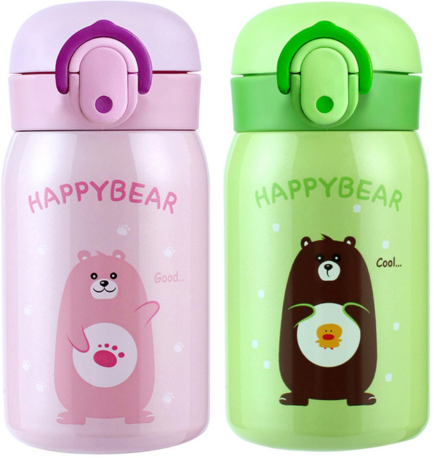 해피베어 원터치 보온보냉병 2종 세트, 핑크 + 그린, 250ml, 1세트