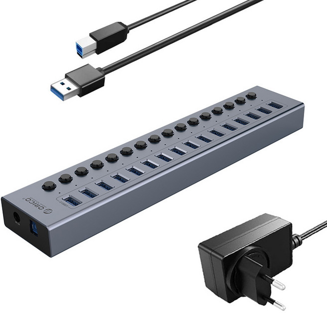 오리코 16포트 유전원 USB허브, BT2U3-16AB, 그레이, 기본제품구매