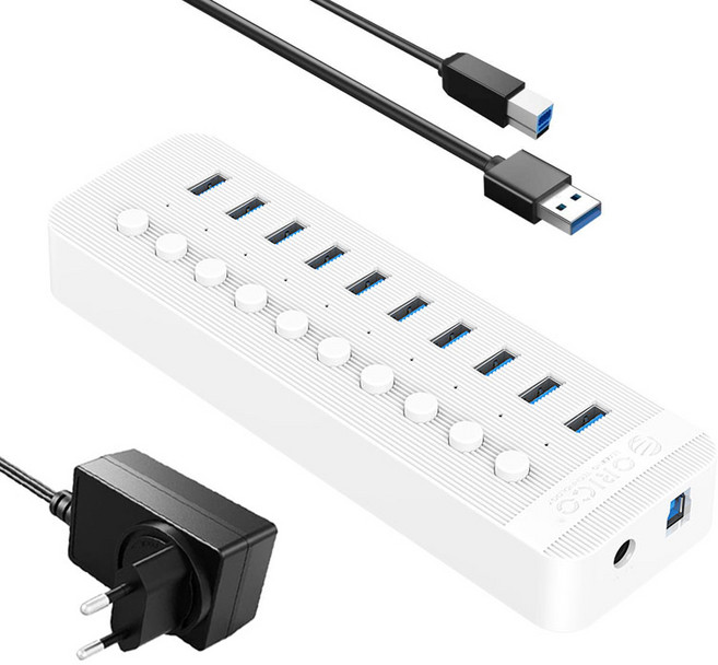 오리코 10포트 유전원 USB허브 CT2U3-10AB, 화이트, 1개