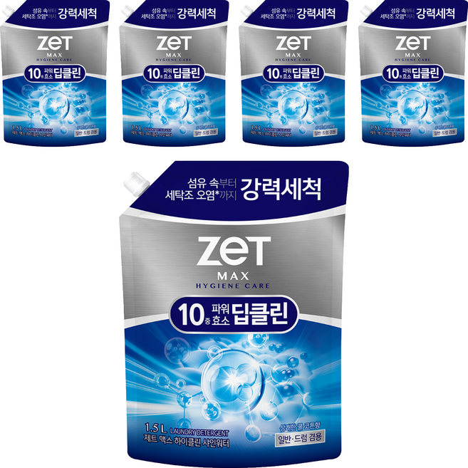 리큐제트 맥스 하이클린 샤인워터 쿨 코튼향 세탁세제 리필, 1.5L, 5개