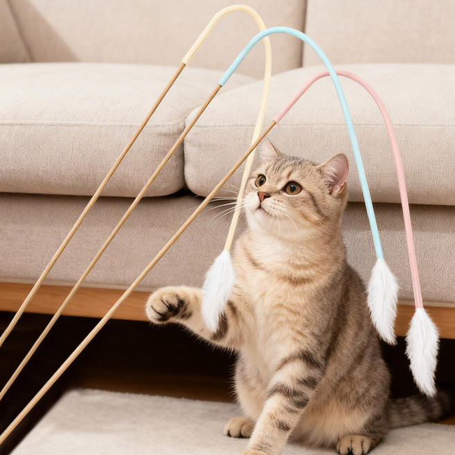 딩동펫 심플 쥐꼬리 깃털 고양이 낚시대 B 3종 세트, 혼합색상, 1세트