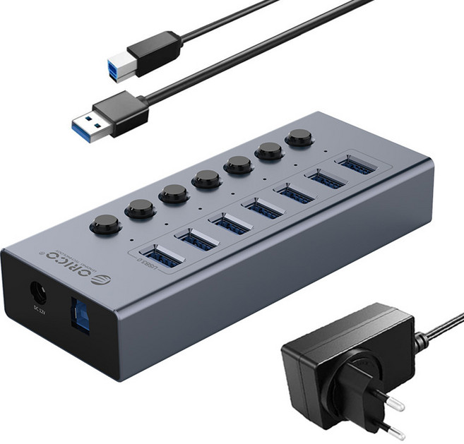 오리코 7포트 유전원 USB허브, BT2U3-7AB, 그레이, 그레이