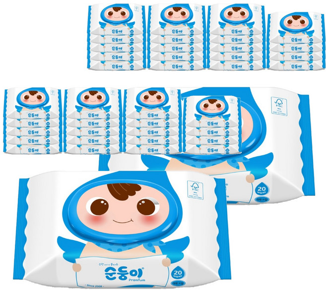 순둥이 프리미엄 무향 휴대 아기물티슈 캡형, 65g, 20매, 20세트