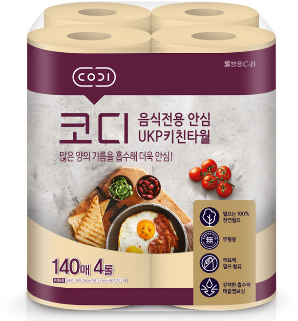 코디 음식전용 안심 천연펄프 키친타월, 4롤, 1개