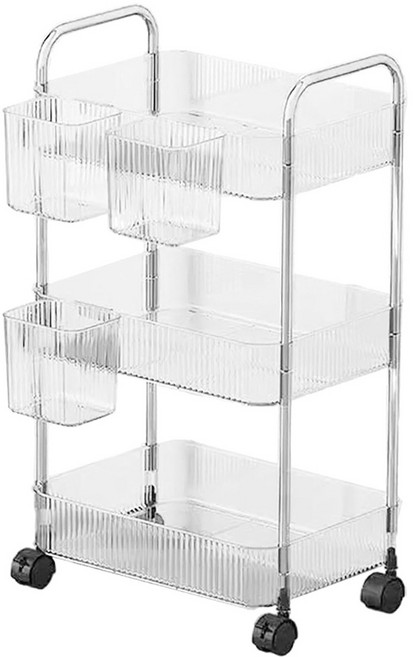 FAmILyLIFE 生活 透明附輪夾縫置物架 3層 附3個掛籃, 透明色 + 銀色