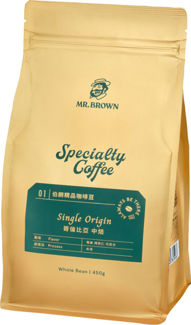 金車 MR.BROWN 伯朗咖啡 伯朗精品咖啡豆 哥倫比亞 中焙, 450g, 1包, 全豆咖啡（未研磨）
