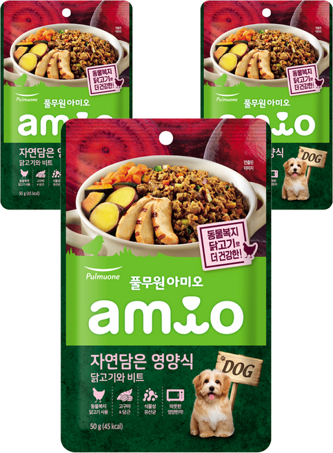 풀무원아미오 전연령 강아지 자연담은 영양식 습식사료, 닭, 50g, 3개